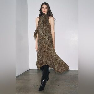 Zara Leopard Print Halter Midi Flowy Dress - Brown Animal Print